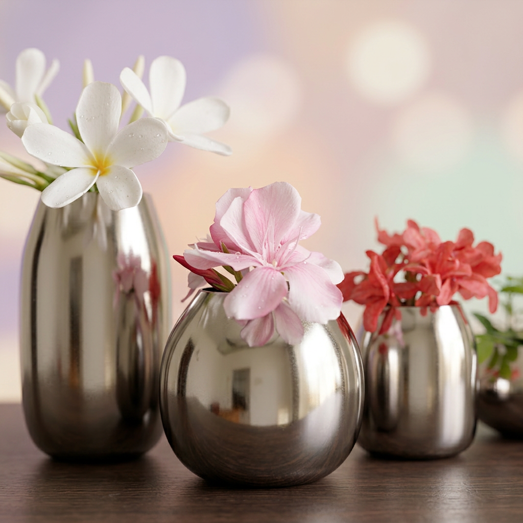 Metal Flower Vase Set of 4 – Modern Silver Decorative Bud Vases in Assorted Shapes & Sizes for Living Room, Dining Table, Shelf, Office & Home Decor
