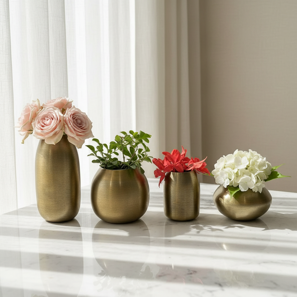 Metal Flower Vase Set of 4 – Modern Brass Decorative Bud Vases in Assorted Shapes & Sizes for Living Room, Dining Table, Shelf, Office & Home Decor
