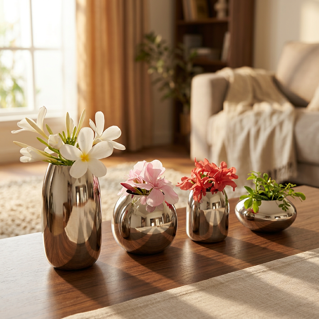 Metal Flower Vase Set of 4 – Modern Silver Decorative Bud Vases in Assorted Shapes & Sizes for Living Room, Dining Table, Shelf, Office & Home Decor