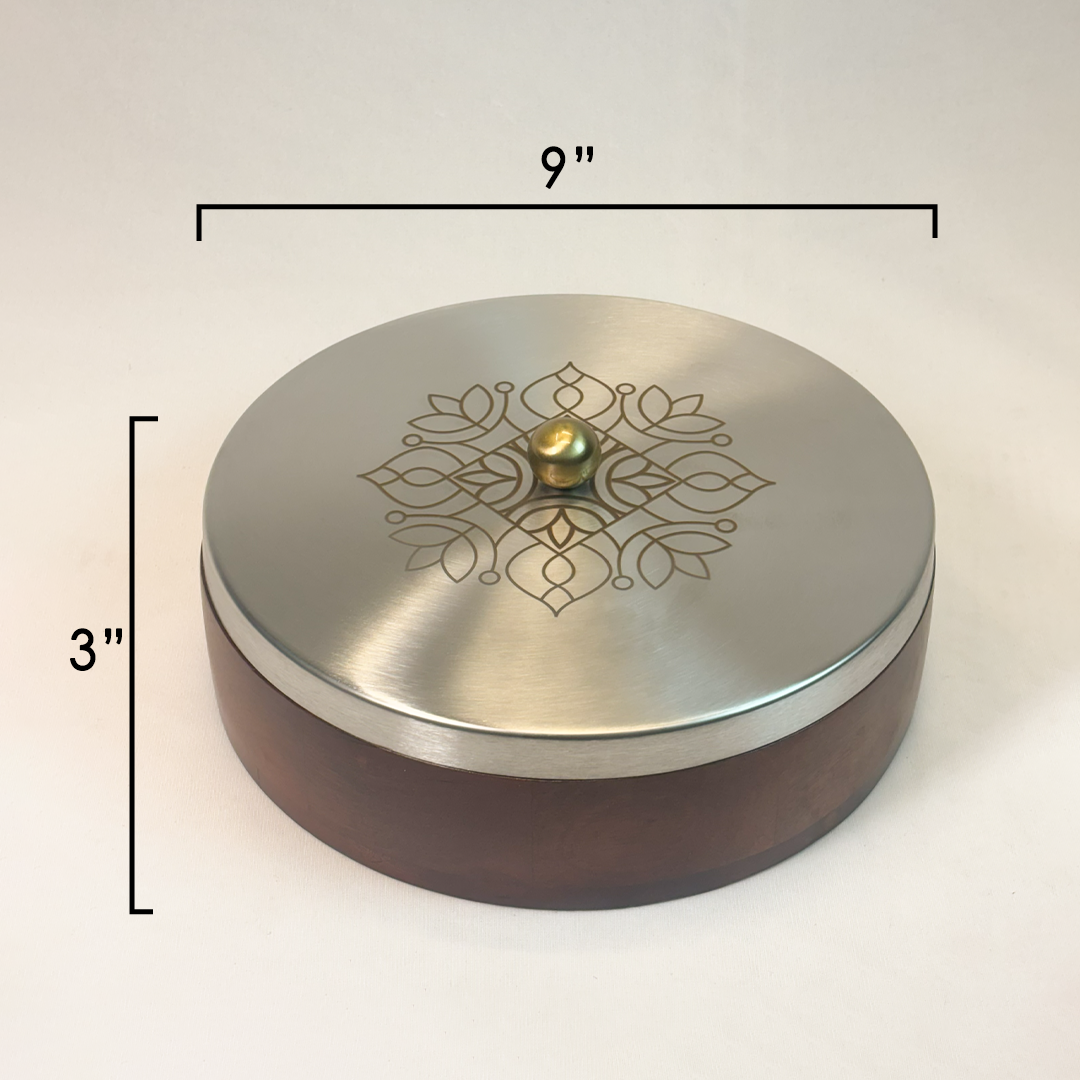 Wooden Masala Box with Stainless Steel Lotus Mandala Lid – Traditional Indian Spice Organizer with Containers