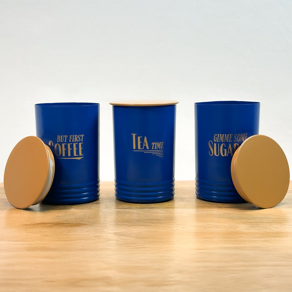 Metal Tea Coffee Sugar Canister Set | Airtight Kitchen Storage Containers | Blue
