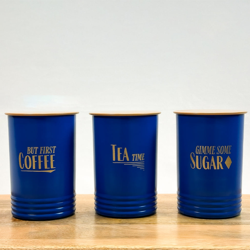 Metal Tea Coffee Sugar Canister Set | Airtight Kitchen Storage Containers | Blue