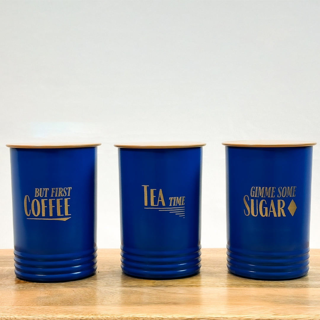 Metal Tea Coffee Sugar Canister Set | Airtight Kitchen Storage Containers | Blue