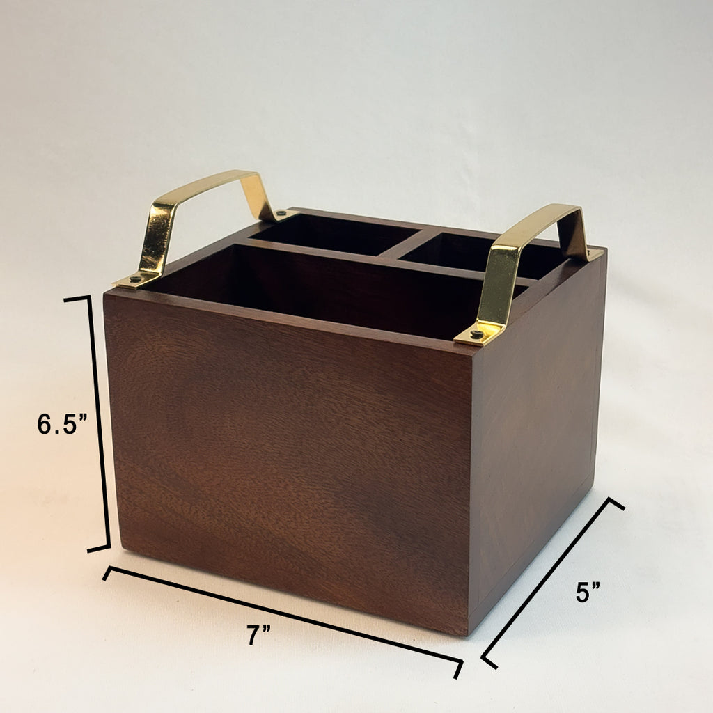 Wooden 3 - Partition Cutlery Holder with Brass Finish Handles | Multipurpose Kitchen Organizer