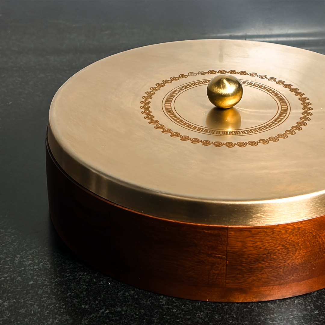 Wooden Gold Leaf Masala Box with Stainless Steel Lid – Traditional Indian Spice Organizer with Containers