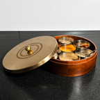 Wooden Gold Leaf Masala Box with Stainless Steel Lid – Traditional Indian Spice Organizer with Containers