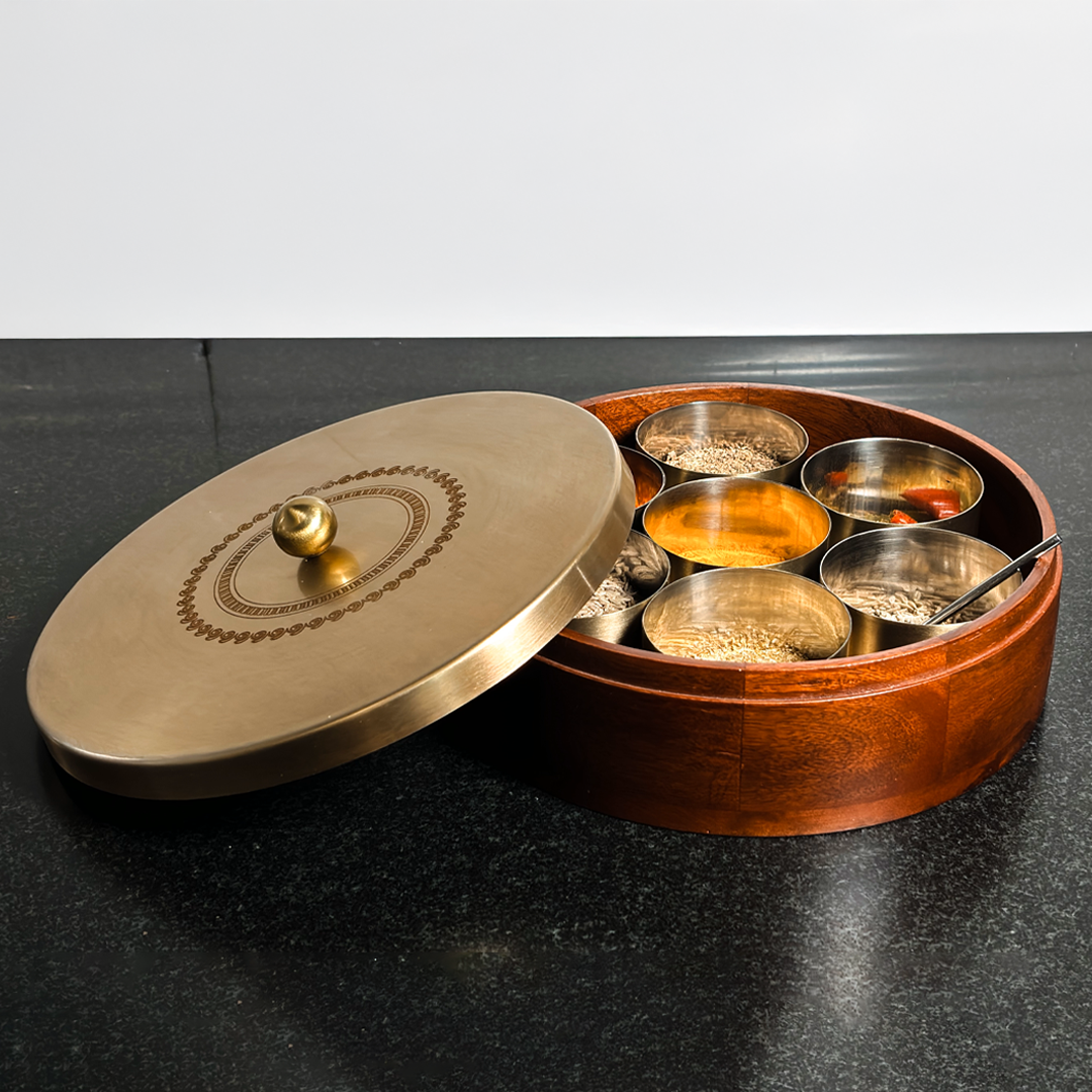 Wooden Gold Leaf Masala Box with Stainless Steel Lid – Traditional Indian Spice Organizer with Containers