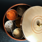Wooden Gold Leaf Masala Box with Stainless Steel Lid – Traditional Indian Spice Organizer with Containers