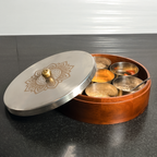Wooden Masala Box with Stainless Steel Mandala Lid – Traditional Indian Spice Organizer with Containers