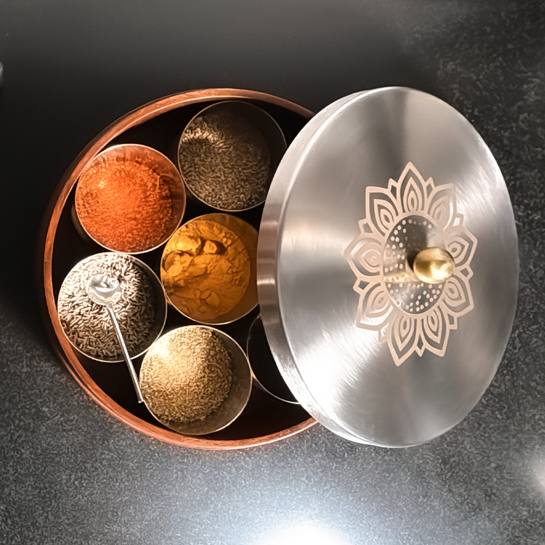 Wooden Masala Box with Stainless Steel Mandala Lid – Traditional Indian Spice Organizer with Containers
