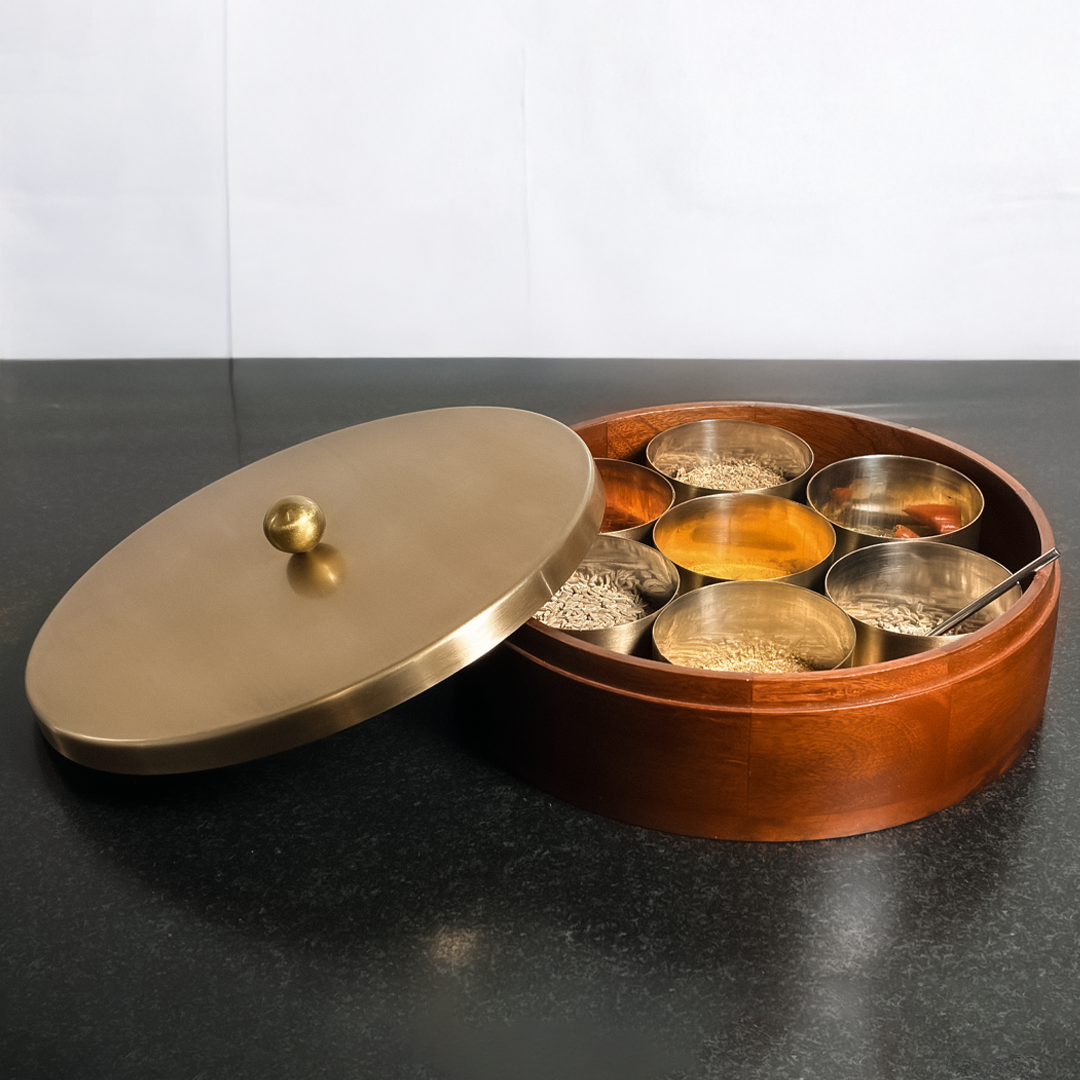 Wooden Regular Masala Box with Stainless Steel Lid – Traditional Indian Spice Organizer with Containers
