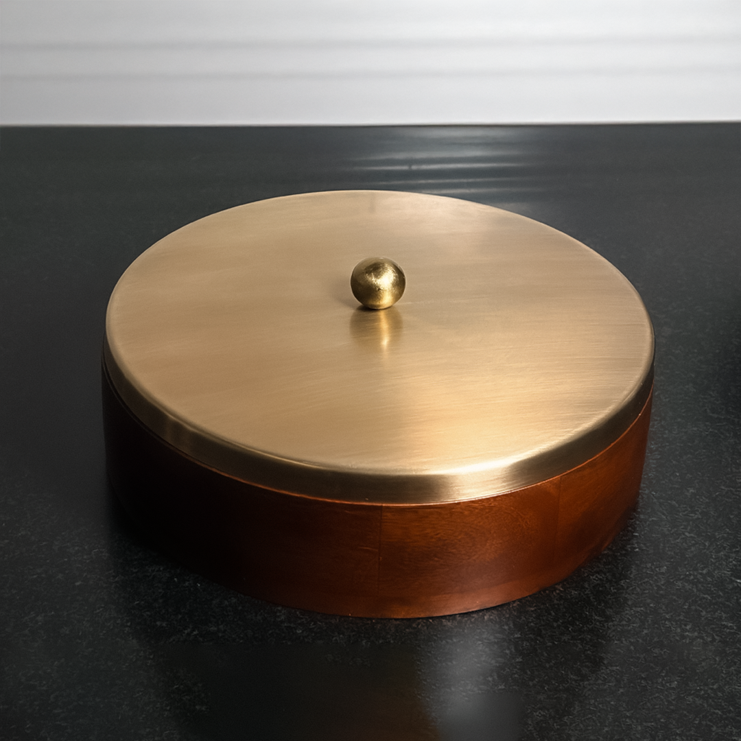 Wooden Regular Masala Box with Stainless Steel Lid – Traditional Indian Spice Organizer with Containers
